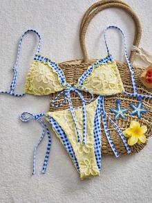 Swim Mod Women's Summer Beach Patchwork Plaid Halter Tie Sexy Fashion Bikini Two-Piece Swimwear Set - Multicolor - View 2