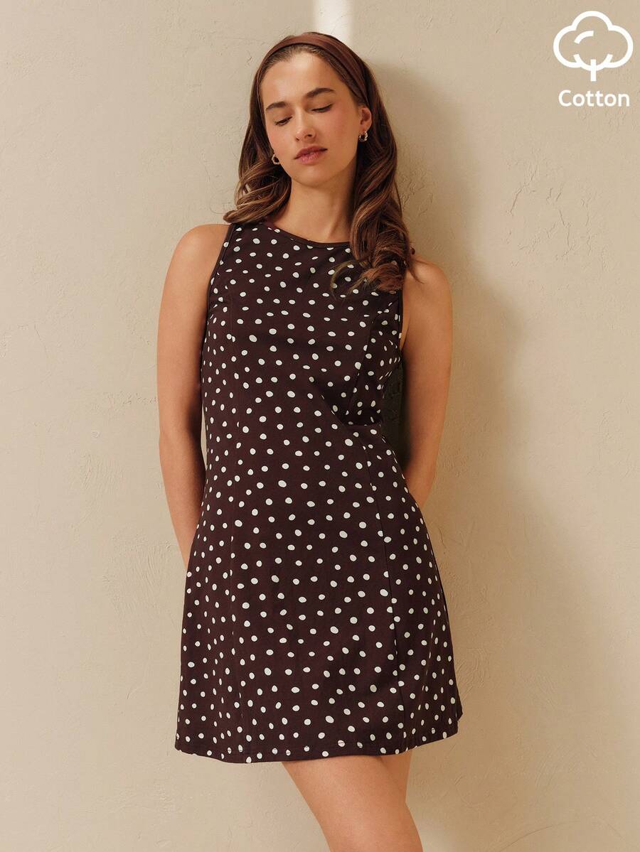 lacRébo Brown And White Polka Dot Sleeveless Cotton Mini Dress In Jersey With A Round Neckline Summer Vintage Casual Chic Brunch - Brown - View 1