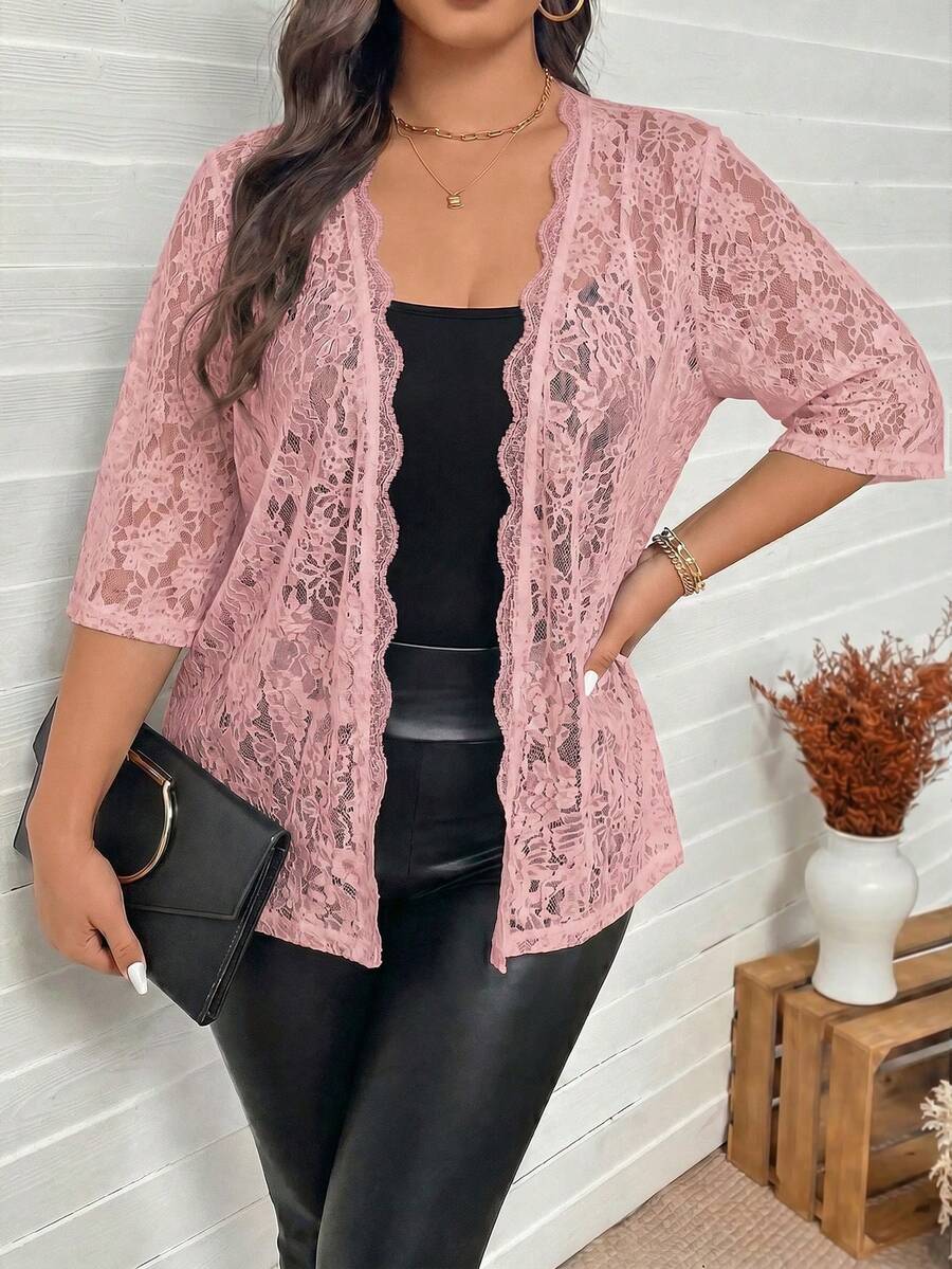 SHEIN LUNE 大尺碼女款蕾絲休閒百搭日常外出開襟衫 - 藕粉色 - 查看 1