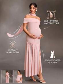 Cheriluna Maternity Women's Elegant Off-Shoulder Pleated Maternity Maxi Dress - Pink - View 1