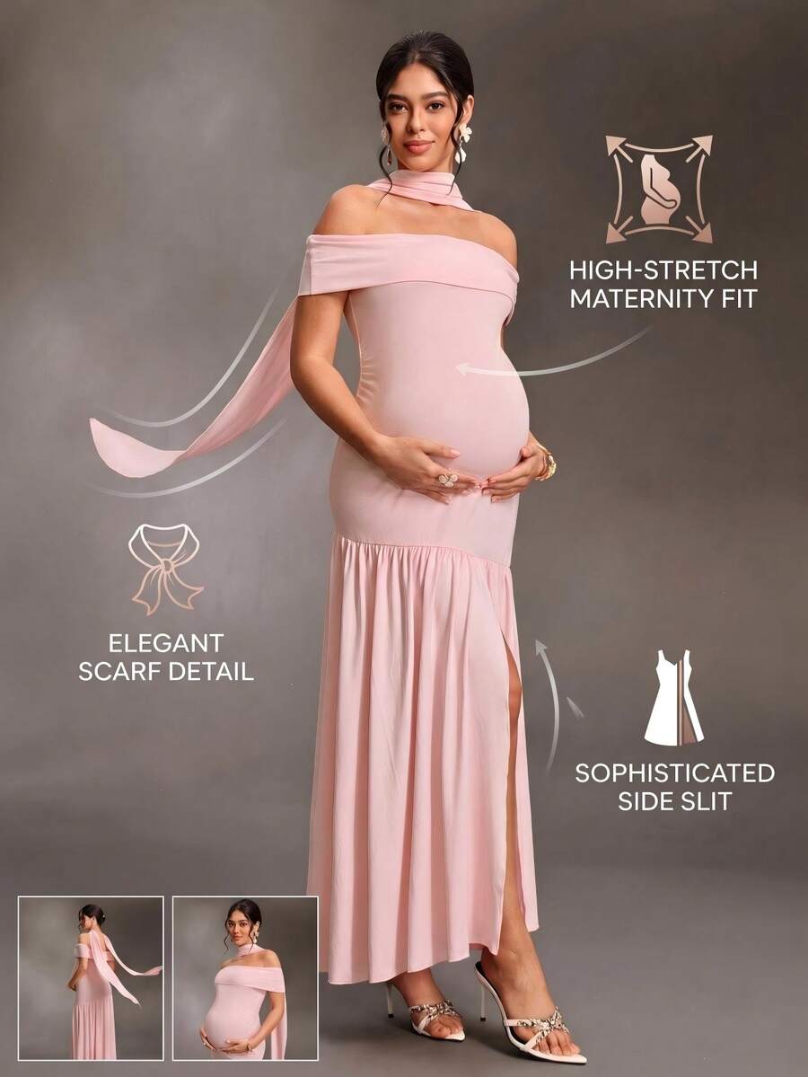 Cheriluna Maternity Women's Elegant Off-Shoulder Pleated Maternity Maxi Dress - Pink - View 1