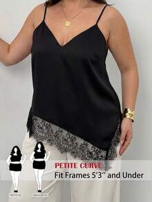 SHEIN PETITE CURVE 大尺碼女款優雅黑色緞面蕾絲拼接不對稱下擺細肩帶背心上衣，正式約會之夜晚裝，適合秋季，百搭Y2K派對 - 黑色 - 查看 4