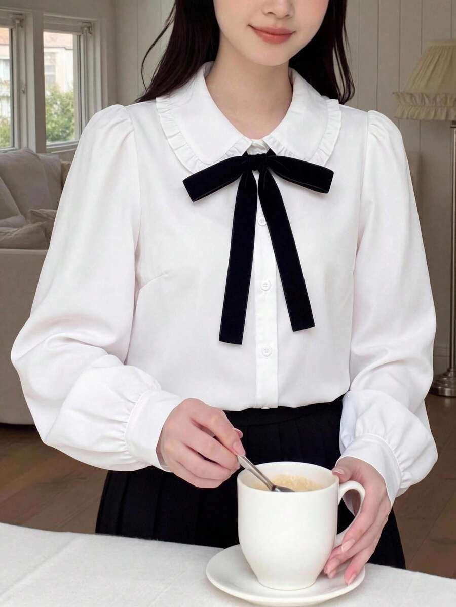 SHEIN 少女白色翻领衬衫,配撞色蝴蝶结和长袖,休闲校园/日常穿着 - 白色 - 查看 1