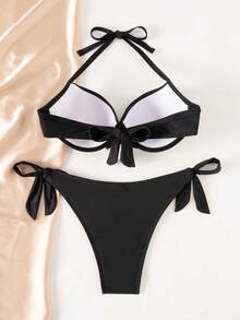 Swim DD+ 2 Pieces Knitted Solid Color Underwire Shaping Women's Swimwear - Black - View 4