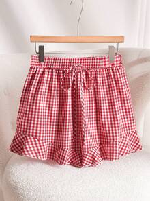 Story & Sage Women's Casual Cute Loose Plaid Ruffle Hem Shorts, Suitable For Spring/Summer Vacation Going Out Party Red And White Plaid - Red and White - View 3