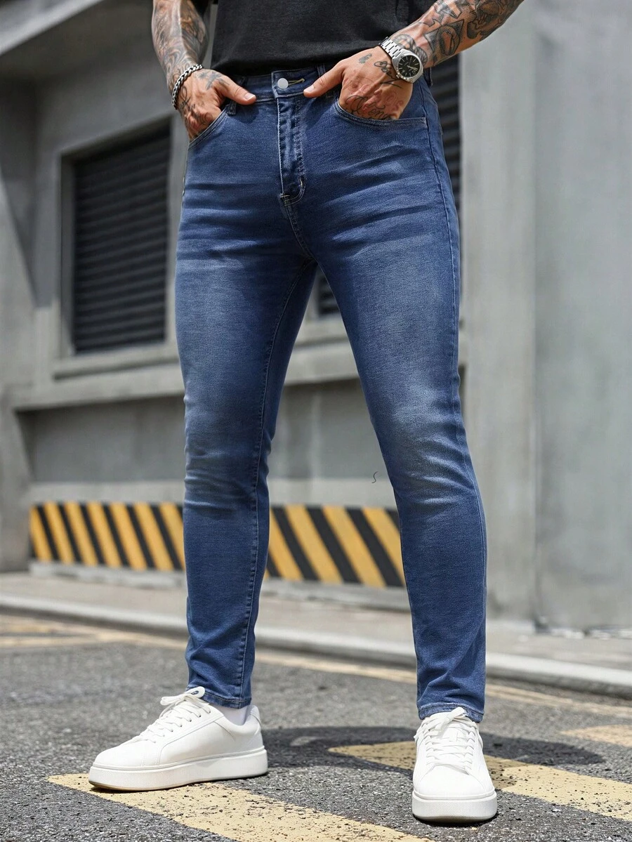 Manfinity Homme Men's Plus Size Casual Washed Slim Fit Jeans - Blue - View 1