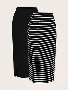 SHEIN LUNE 休閒基礎款女款秋季純色黑黑白兩件式裙裝套裝，適合上班通勤 - 彩色 - 查看 3