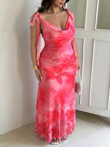 GalTyme 大码女式夏季海滩度假印花扭肩修身连衣裙 - 玫紅色 - 查看 1