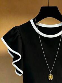 SHEIN Franclia Black And White Contrast T-Shirt Made Of Skin-Friendly Elastic Fabric, Comfortable To Wear. Round Neck With Contrast Binding, Simple Yet Sophisticated; Flutter Sleeve Design Is Gentle And Youthful, Creating A Romantic Atmosphere. Slim Fit Conforms To Body Shape, Outlining Curves, Perfect For Pairing With Jeans Or Skirts, Suitable For Daily Commute Or Casual Dates, Creating A Fresh And Gentle Look. - Black and White - View 5