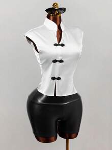 Mistrie Women's New Zip Frog Button Chinese Collar Blouse, Summer Autumn Daily Dinner Semi Formal White And Black Elegant - White - View 5