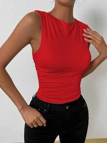 Allurite Women's Solid Color Round Neck Pleated Tank Top For New Year Clothes - Red - View 4