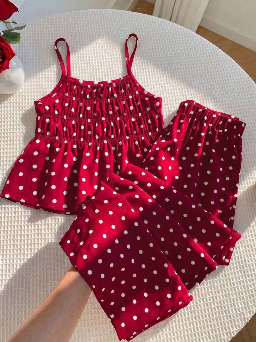 SHEIN 女童圓點編織細肩帶上衣與長褲兩件套 - 紅色 - 查看 1