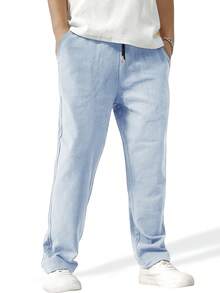 Manfinity Homme Pantalones rectos de unicolor con cordón en la cintura para hombres, otoño - Celeste - Ver 4