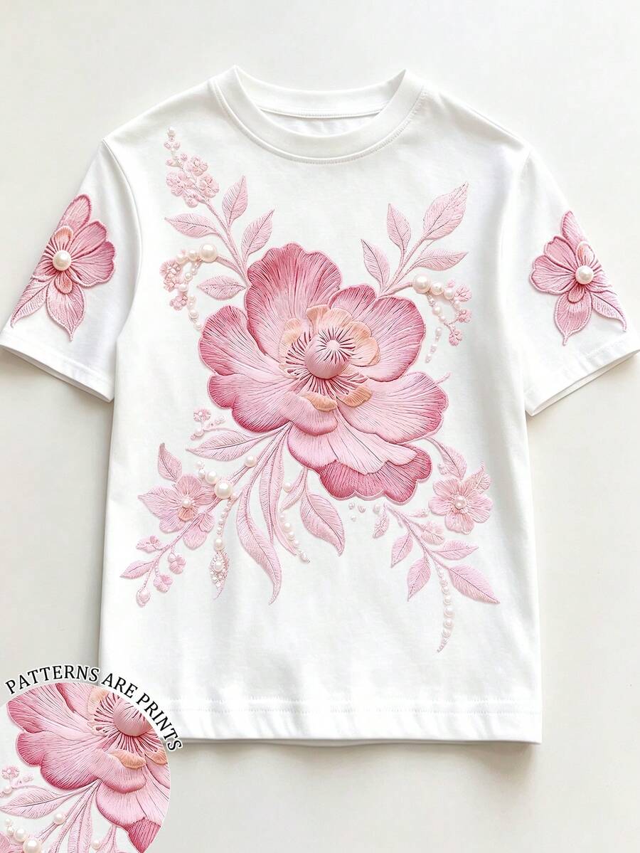 INAWLY 大码女式花卉刺绣珍珠印花休闲圆领短袖T恤,白色花卉图案上衣,适合夏季日常穿着和度假 - 彩色 - 查看 1
