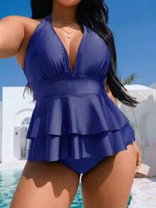 Swim Vcay 2026 New V-Neck Sleeveless Ruffle Top & High Waist Bottoms Plus Size Women Bikini Set Set, Suitable For Beach & Vacation In Spring/Summer - Navy Blue - View 1