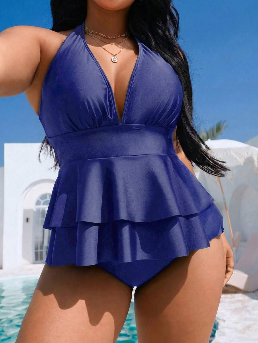 Swim Vcay 2026 New V-Neck Sleeveless Ruffle Top & High Waist Bottoms Plus Size Women Bikini Set Set, Suitable For Beach & Vacation In Spring/Summer - Navy Blue - View 1