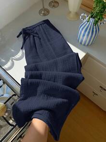 SHEIN PETITE CURVE 大尺碼女款純色全鬆緊腰休閒長褲 - 藏蓝色 - View 7