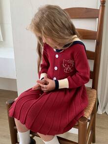 Dazy Kids HELLO KITTY | DAZY Gaun Sweater Anak Perempuan Lengan Panjang Kerah Pelaut Lucu Warna Kontras dengan Motif Kucing KT untuk Musim Gugur - Merah - View 9
