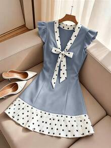 Franclia Women's Polka Dot V-Neck Bow Decor Casual Daily Dress - Blue - View 3