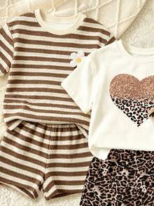 SHEIN Vintaside Kids (Random 3 Sets,Send 1 Set)Baby Girl Glitter Leopard Print Heart Bow Rabbit Flower Striped Pattern Basic Short T-Shirt & Cycling Shorts 2-Piece Set - Multicolor - View 6