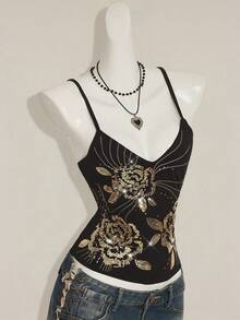 SHEIN ICON Y2K夏季女士外出复古波西米亚风度假闪亮亮片刺绣吊带背心 - 黑色和金色 - 查看 7