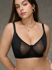SHEIN Plus Size Seamless Contrast Mesh Underwire Brassiere, Black, Daily Wear Lingerie - Black - View 3