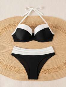 Swim DD+ Two Pieces Knitted Solid-Color Underwire Shaping Women's Swimwear - Black and White - View 4