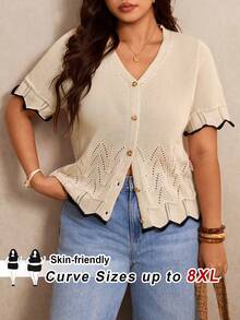 SHEIN CURVE+ 大尺碼 V 領單排扣休閒優雅開襟衫，休閒穿搭，2026 秋冬 22W - 杏色 - 查看 8