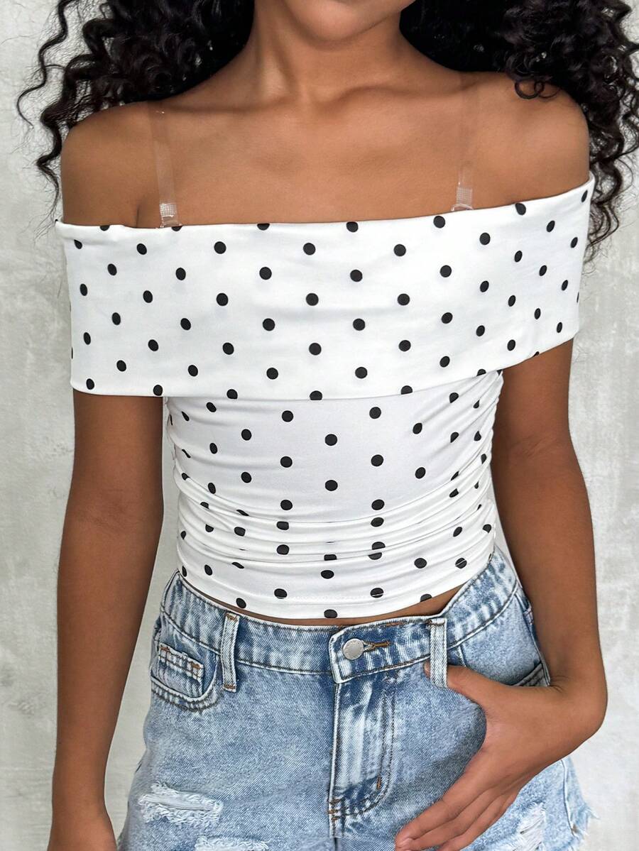 Kids Tween Girls Four Summer Solid Color Off Shoulder Form-Fitting Cropped Polka Dot Top T-Shirt ,Back To School ,Y2K ,Streetwear - White - View 1