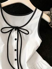 SHEIN Franclia Women's Contrast Color Pleated Casual Versatile Daily Wear Blouse - Black and White - View 3