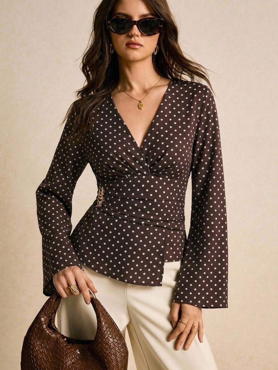 Poéselle 女款法式波點印花金屬鈕扣不對稱下擺襯衫