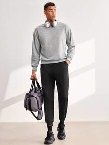 Men's Casual Sports Sweatshirt - Solid Color, Long Sleeve, Knit Fabric, H-Silhouette, Suitable For Hiking And Outdoor Activities, Polyester Material, Crew Neck, Sporty Autumn/Winter Top Spring - Light Grey - View 3
