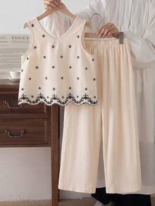 SHEIN Elladie kids 2件組女款春夏新款休閒通勤梭織粗麻布蝴蝶結裝飾V領無袖鏤空燒花寬鬆背心上衣與收腰梭織寬鬆長褲，日常休閒外出兩件套 - 卡其色 - 查看 6