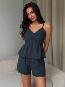 DAZY 2pcs Lace Patchwork Sleeveless Camisole & Short Pajama Pants Set, Summer Women's Sleepwear - Navy Blue - View 6