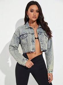 SHEIN Essnce 休閒水洗短版牛仔夾克 - 中等水洗藍 - 查看 4