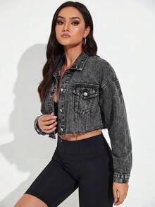 SHEIN Essnce 女款單排扣休閒百搭日常牛仔夾克 - 深灰色 - 查看 6