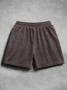 ROMWE MEN Casual Men's Washed Texture Drawstring Street Shorts - Coffee Brown - View 2