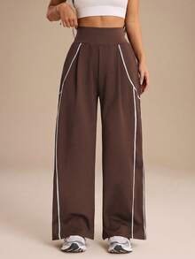 SHEIN Sports Celana Olahraga Wanita Motif Garis-Garis dengan Blok Warna dan Lipatan serta Kantong - Coffee Brown - View 5
