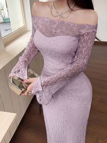 Feyla Women's Elegant Romantic Solid Color Lace Off-Shoulder Dress Birthday Party Lavender Autumn - Mauve Purple - View 3