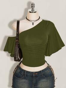 SHEIN ICON Atasan Wanita Warna Polos dengan Bahu Asimetris dan Ruffle Lengan Pendek - Hijau Tentara - View 1