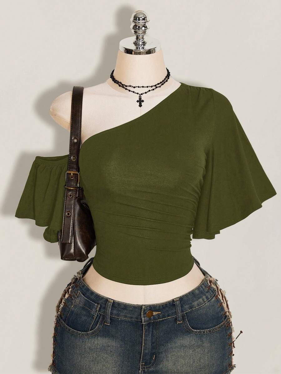 SHEIN ICON 女款純色不對稱肩褶飾短袖時尚上衣 - 軍綠色 - 查看 1