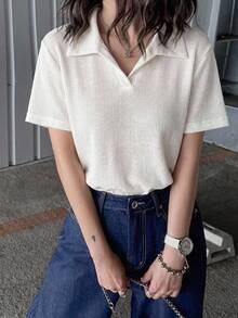 DAZY Women's Summer Polo Collar Short Sleeve Casual T-Shirt - White - View 8