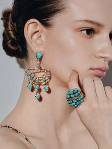 Noxbound A Vintage Bohemian Stretch Ring With Turquoise Inlay For Ladies' Party Decor - Blue - View 5