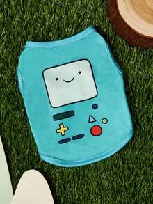 ADVENTURE TIME X PETSIN 1件裝可愛機器人微笑按鈕紅點印花寵物背心，拼色設計，柔軟透氣防掉毛無袖寵物衣服 - 彩色 - 查看 1