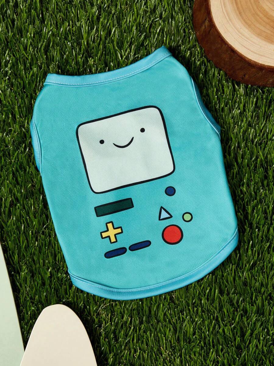 ADVENTURE TIME X PETSIN 1件裝可愛機器人微笑按鈕紅點印花寵物背心,拼色設計,柔軟透氣防掉毛無袖寵物衣服 - 彩色 - 查看 1