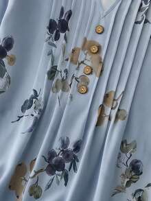 Rusticease Women's Floral Print Button Design Notch V-Neck Blouse For Middle-Aged And Elderly - Dusty Blue - View 5