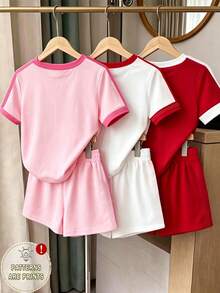 1 Random Item From 3 Young Girls Fashion Versatile Personality Minimalist Diamond Bow Cherry Letter Pattern Short Sleeve T-Shirt And Shorts Set - Multicolor - View 2