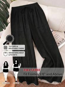SHEIN Tall CURVE 大尺碼女款黑白對比邊緣繫帶長褲 - 黑色 - 查看 3
