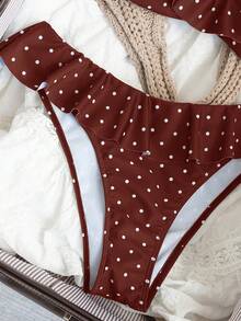 Swim Mod Conjunto de traje de baño con estampado de lunares y volantes para mujer - Burdeos - Ver 6