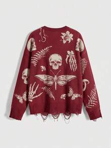ROMWE Goth 暗黑哥德風骷髏與飛蛾植物緹花寬鬆套頭毛衣 - 酒紅色 - 查看 2